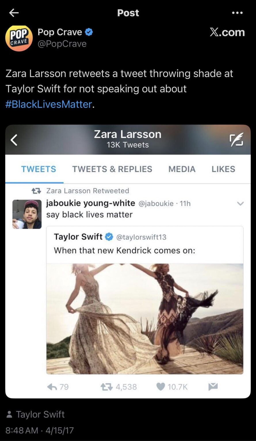 Zara Larsson retweeted a tweet about Taylor Swift’s silence on BLM in 2017 and it’s back again