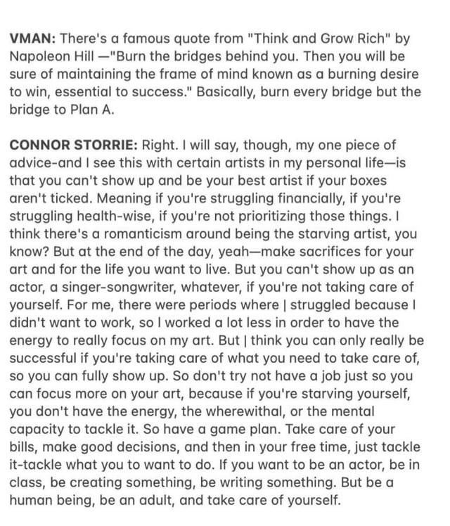 Connor Storrie's advice for struggling artists via VMAN magazine
