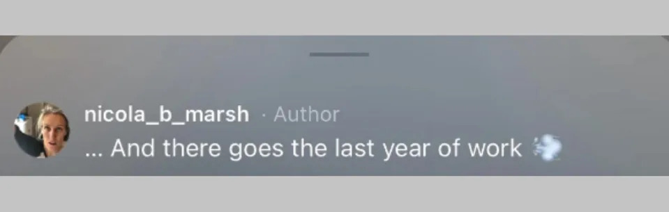 A social media screenshot shows a story by a user named nicola_b_marsh, posted 3 hours ago, with options to follow and more