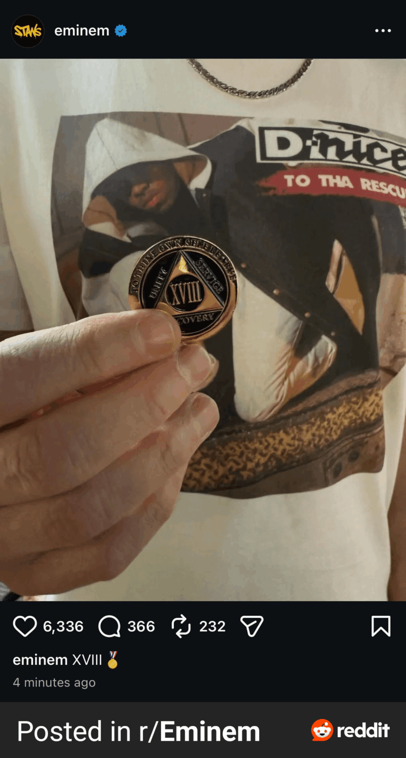 Eminem celebrates 18 years of sobriety today and shared this coin
