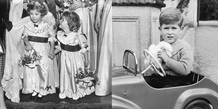 camilla shand, 4 and her 3 year old sister annabelle, at a wedding in 1952; prince charles the same year.