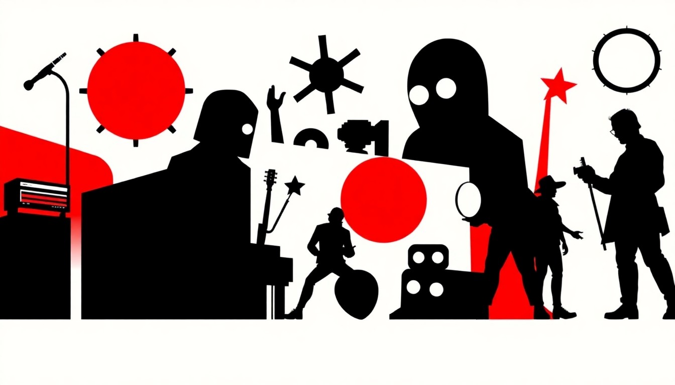 A bold, abstract illustration featuring stark geometric shapes and silhouettes in high-contrast colors, conceptually representing the diverse range of pop culture elements featured at the Astronomicon 9 convention.