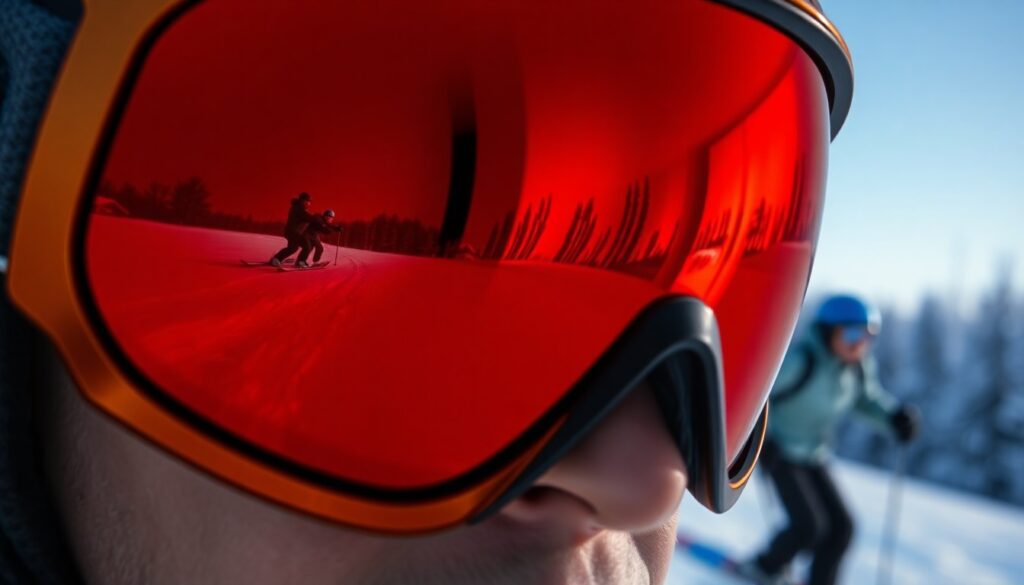 An abstract close-up of ski goggles, the lenses reflecting the snowy slopes and a father and son skiing in the distance, captured in dramatic, high-contrast lighting to create a glamorous, high-fashion aesthetic.