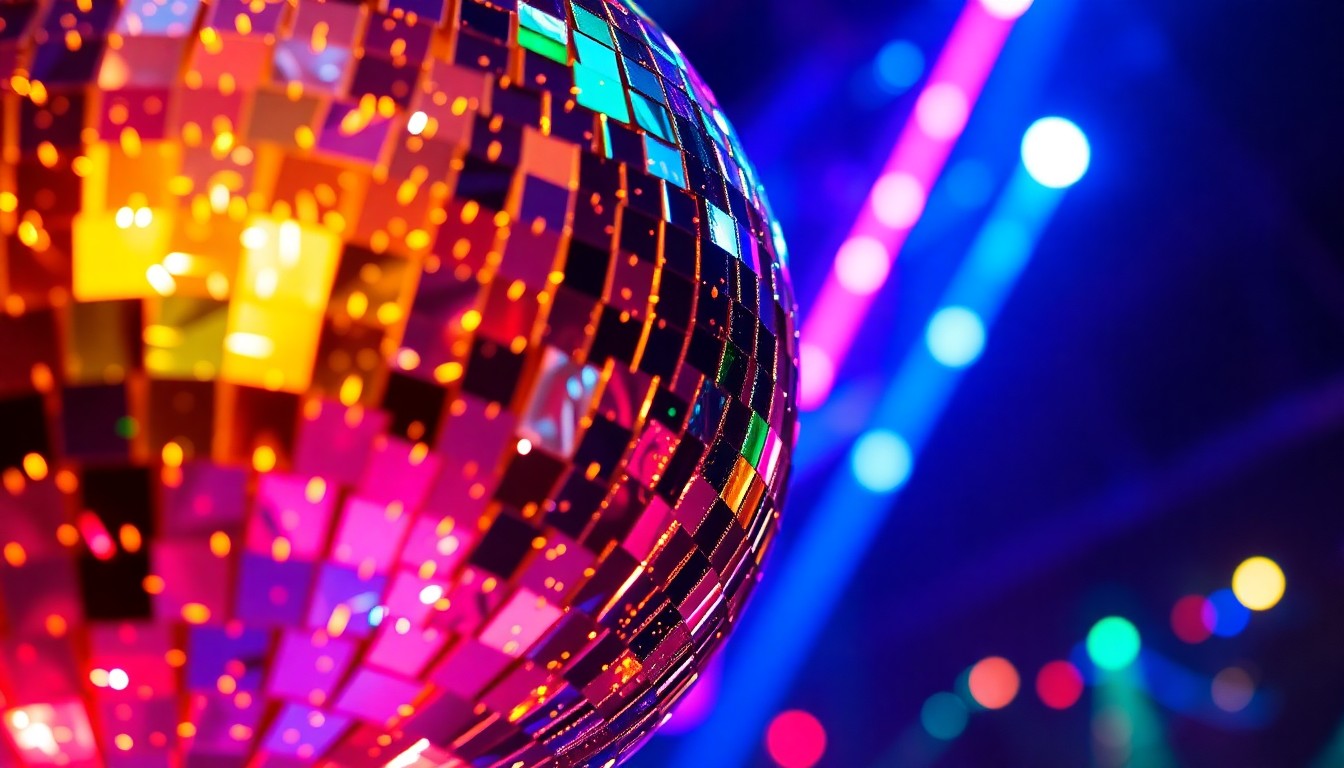 An abstract close-up photograph of shattered disco ball fragments reflecting a colorful array of neon lights, conveying the luxurious, high-energy ambiance of an exclusive celebrity entertainment venue.