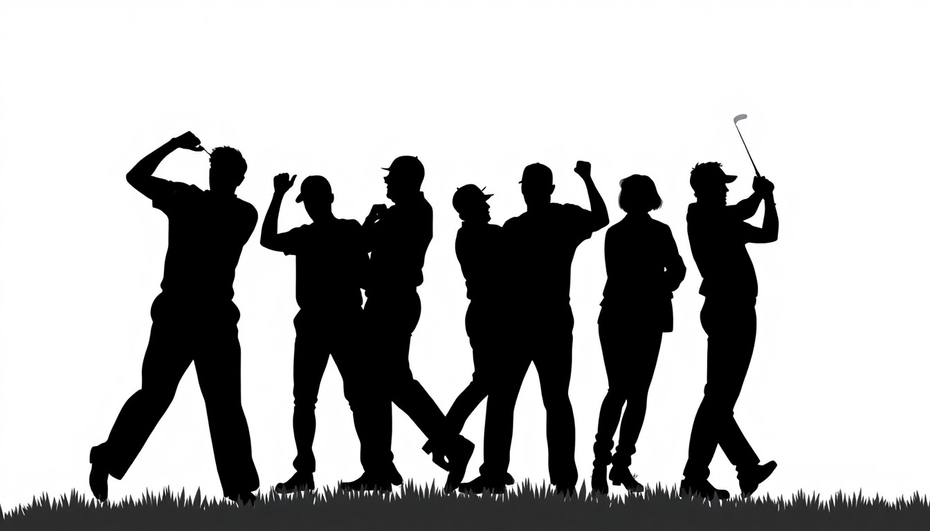 A striking black and white illustration featuring abstract, geometric silhouettes that capture the lively atmosphere and star power of the Par 3 Contest at Augusta National.