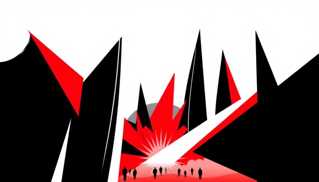 Australian Celebrities Flock to Coachella Festival An abstract composition of bold, angular black shapes against a bright red background, conceptually representing the energy and glamour of a major music festival.