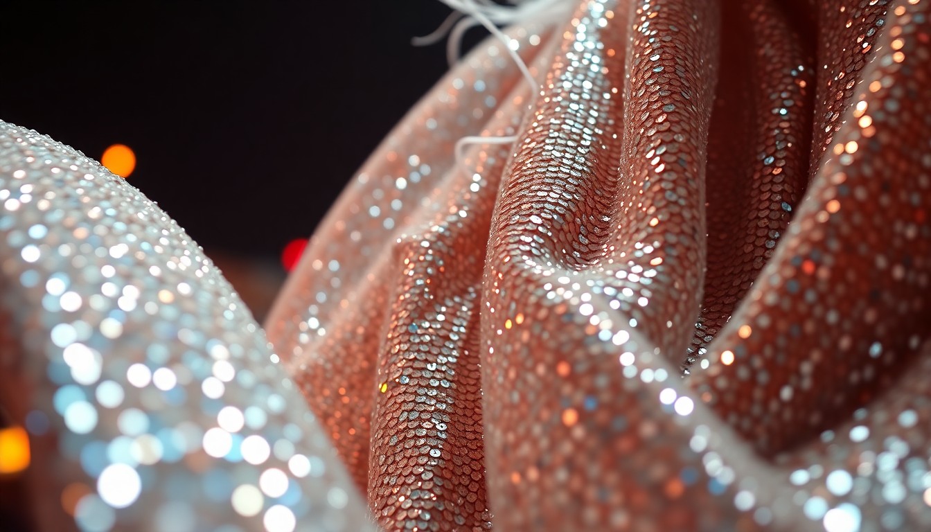 An abstract close-up photograph featuring a textured, high-contrast pattern of shimmering sequins and metallic fabrics, evoking the glamour and energy of the Coachella music festival.