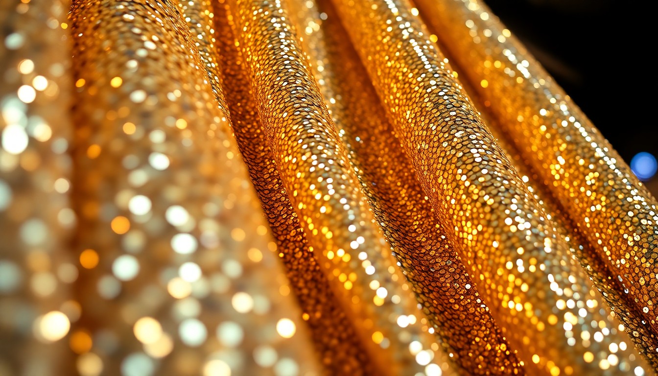 An abstract close-up photograph of shimmering, glittering fabrics and textures in dramatic studio lighting, conveying the high-fashion glamour and energy of the Coachella music festival.