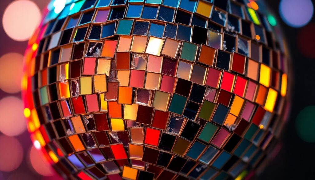 An extreme close-up photograph of a shattered disco ball reflecting a dazzling array of colorful lights, conceptually representing the complexities and vulnerabilities of fame.