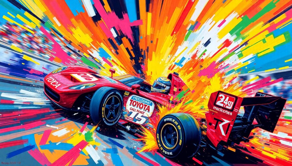 An abstract, expressionist painting in neon colors depicting the chaotic motion and impact of a car crash, conceptually representing the dramatic incident involving George Lucas at the Toyota Pro/Celebrity Race.