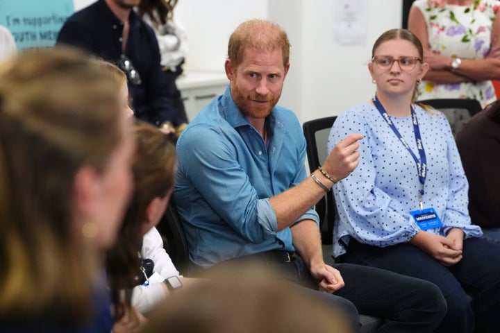 Prince Harry, Duke of Sussex, takes part in discussion group with young advocates on a visit to Batyr.