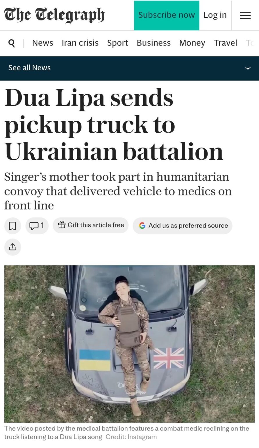 Singer Dua Lipa has helped fund the delivery of a pickup truck to Ukraine’s medics on the front line against Russia.