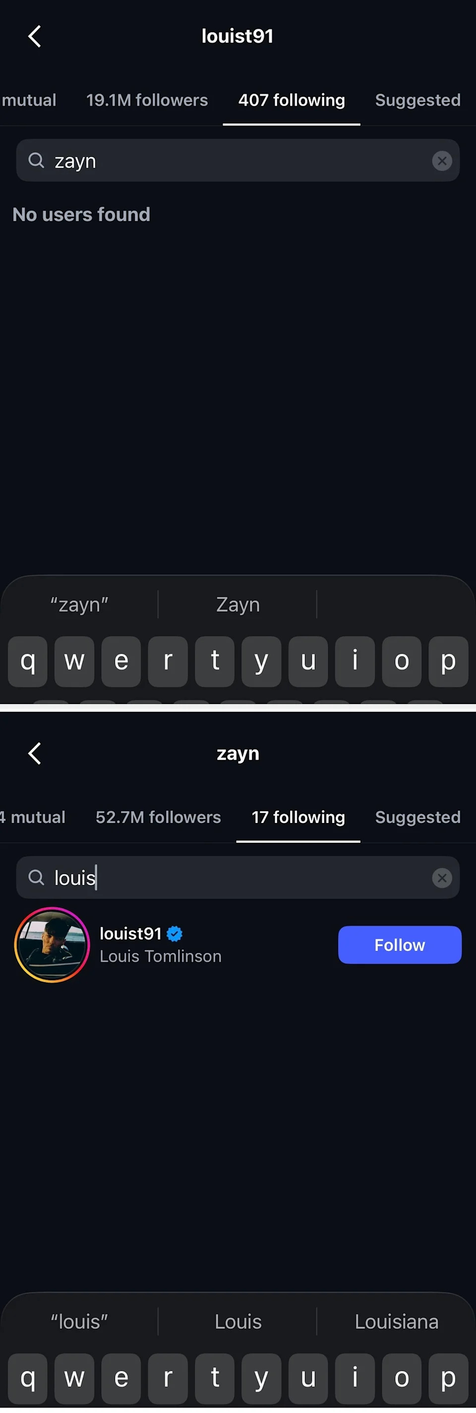 Search results showing no users found for "zayn" in Louis Tomlinson's Instagram following list while Zayn still seems to be following Louis