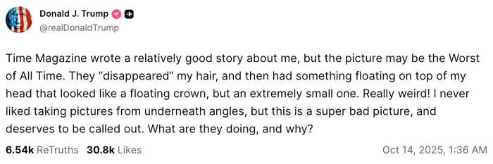 Social media post by Donald Trump discussing a photograph in Time Magazine, questioning the angle and appearance of his hair in the image