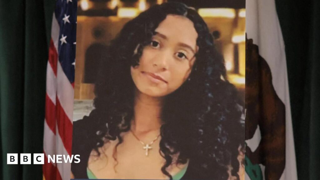 A photo of Celeste Rivas Hernandez is displayed on an easel in front of the US and California flags onstage at a media conference announcing charges against US singer David Anthony Burke, who is known professionally as D4vd.