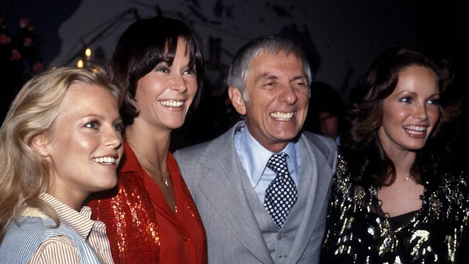 Charlie's Angels cast with Aaron Spelling posing in Los Angeles