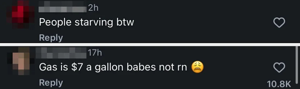 Instagram comment stating, "People starving btw."