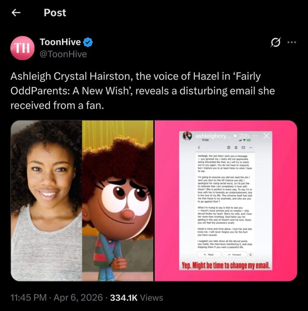 Ashleigh Crystal Hairston, the voice of Hazel in ‘Fairly OddParents: A New Wish’, reveals a disturbing email she received from a fan