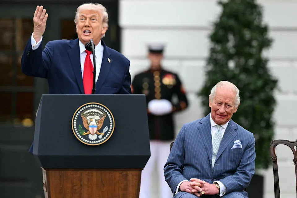 President Donald Trump speaks as King Charles looks on during an arrival ceremony at the White House on April 28, 2026Credit: Mandel NGAN / AFP via Getty