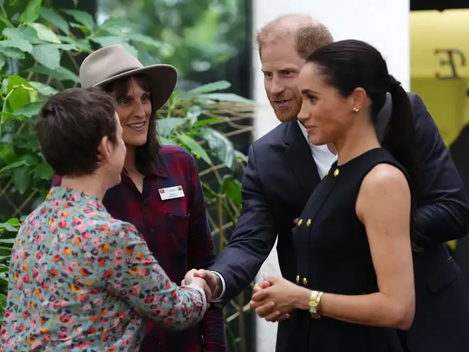 The Duke and Duchess of Sussex meet garden therapists Amelia and Kayte in the Kelpie garden during a visit to the Royal Children's Hospital Melbourne, Victoria