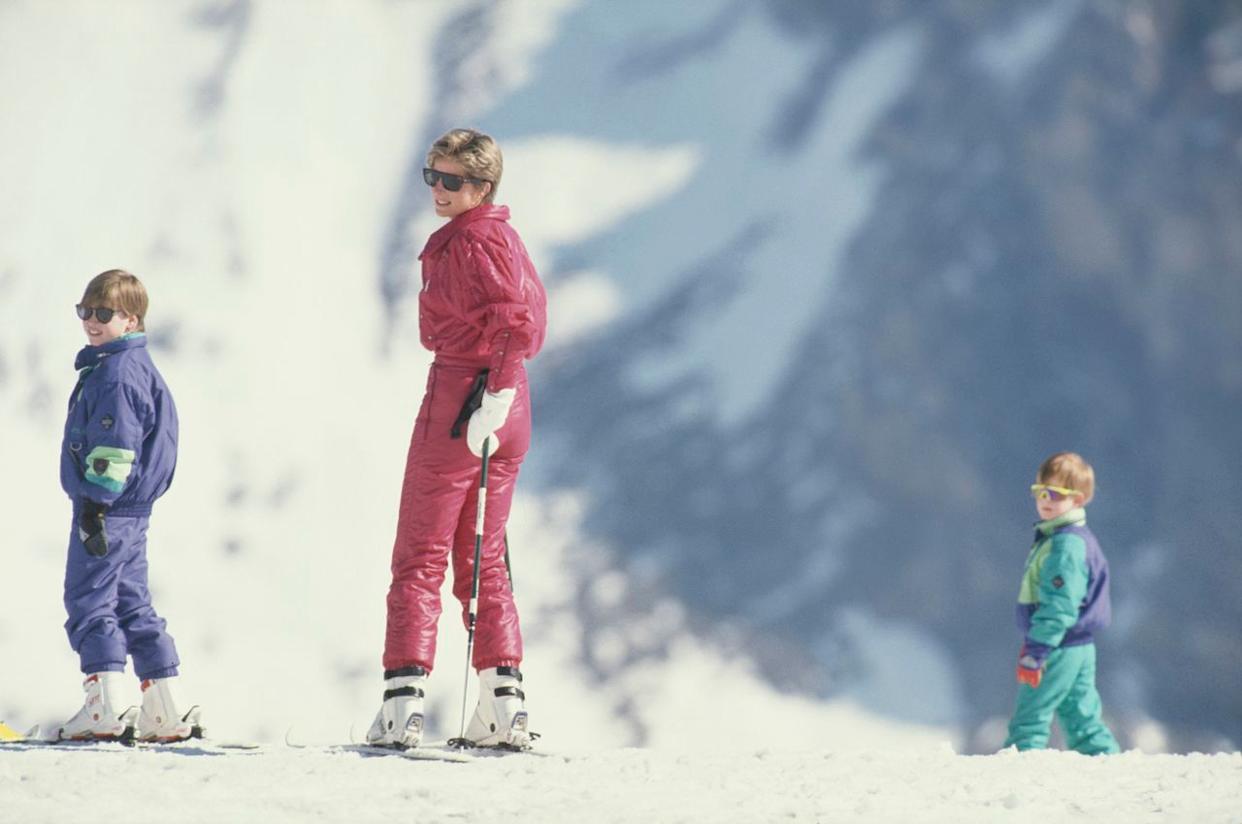 Prince William, Princess Diana, and Prince Harry skiing in Lech, Austria on April 9, 1991Credit: Getty