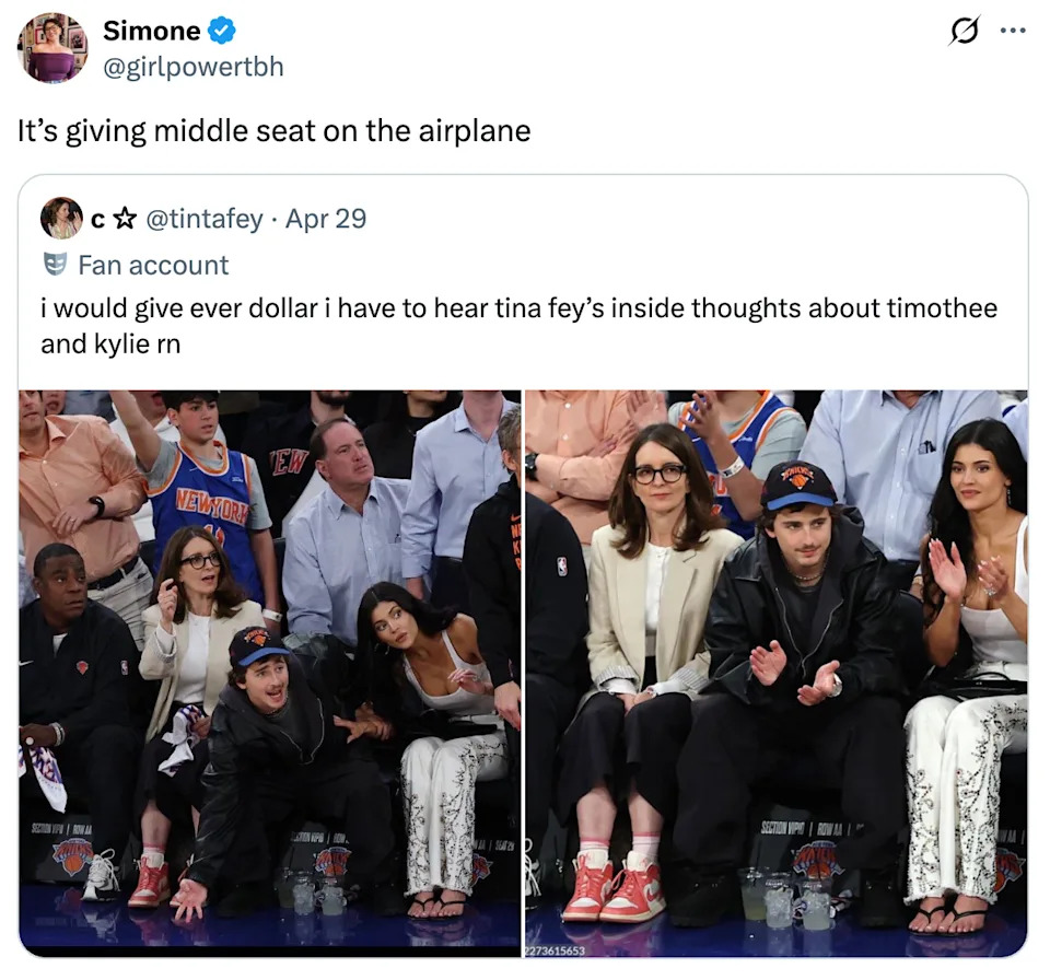 Two side-by-side photos show people seated at a basketball game, looking surprised and clapping. The tweet above comments on their expressions