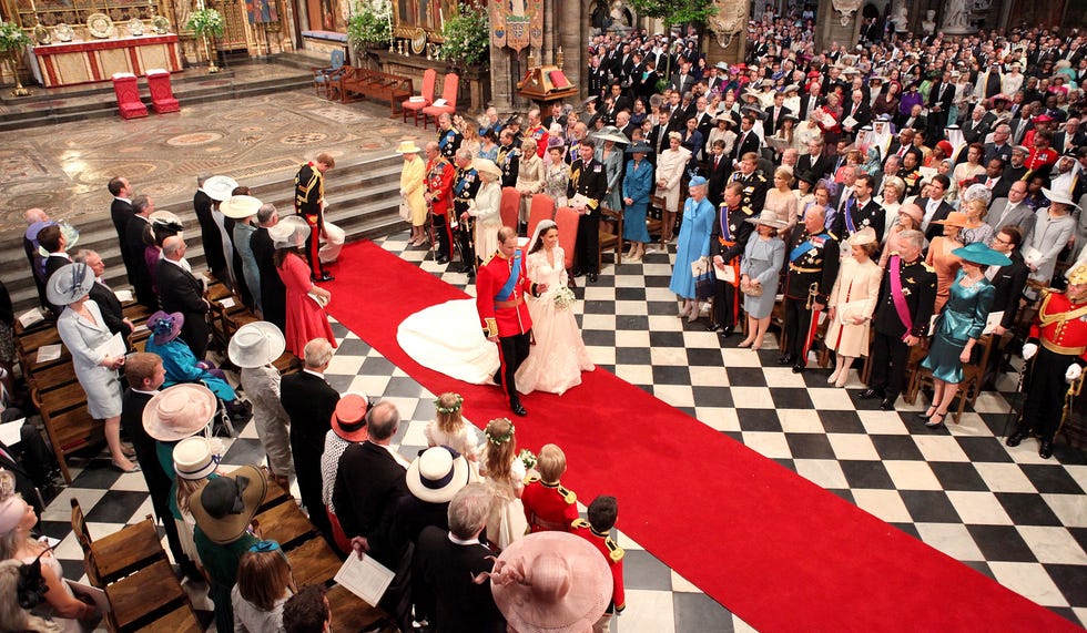 london, england april 29: prince william and his new bride catherine middleton walk down the aisle at the close of their wedding ceremony at westminster abbey on april 29, 2011 in london, england. the marriage of prince william to catherine middleton is being held in london today. the marriage of the second in line to the british throne is to be led by the archbishop of canterbury and will be attended by 1900 guests, including foreign royal family members and heads of state. thousands of well wishers from around the world have also flocked to london to witness the spectacle and pageantry of the royal wedding. (photo by dominic lipinski wpa pool/getty images)