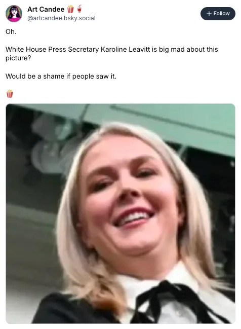 A person smiles close to the camera, with text referring to a reaction from White House Press Secretary Karoline Leavitt
