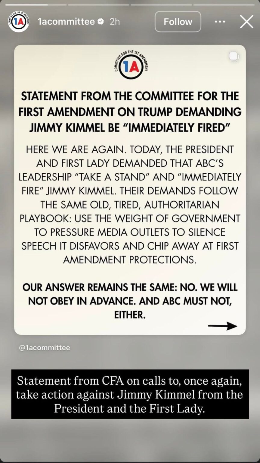 Jane Fonda‘s Committee for the First Amendment comes to Jimmy Kimmel‘s defense “In America, satire is not a crime. The right to mock, to challenge, and yes, to offend those in power, is foundational to democracy.”