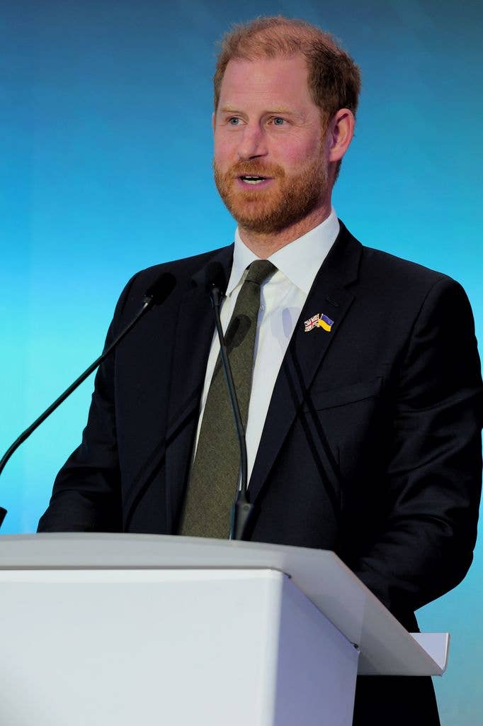 Prince Harry, Duke of Sussex, delivers a speech during the Kyiv Security Forum on April 23, 2026 in Kyiv, Ukraine. Prince Harry, Duke of Sussex, founder of the Invictus Games Foundation, arrives in Ukraine and takes part in the 18th Kyiv Security Forum. He addresses forum participants and joins one of the panel discussions featuring Ukrainian veterans. (Photo by Yan Dobronosov/Global Images Ukraine via Getty Images)