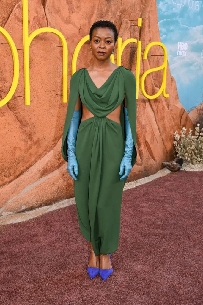 Danielle Deadwyler Euphoria Season 3 Premiere, Danielle Deadwyler Red Carpet, Balenciaga Euphoria Premiere, Balenciaga Green Dress, Danielle Deadwyler Balenciaga Ambassador, Cut-Out Dress Red Carpet