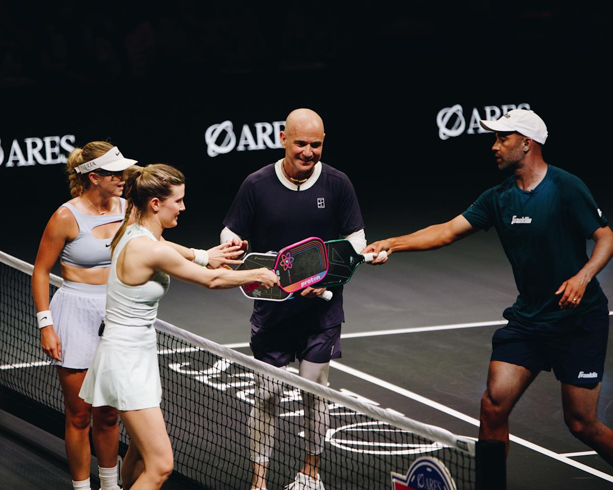 Andre Agassi, James Blake, Anna Leigh Waters and Genie Bouchard compete April 15, 2026 in the Ares Pickleball Slam 4 at Hard Rock Live at Seminole Hard Rock Hotel & Casino Hollywood, Fla.