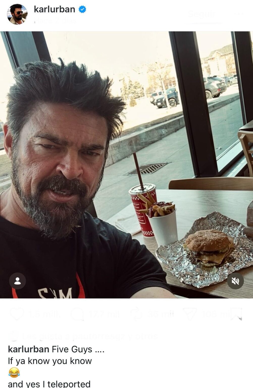 Karl Urban finally went to Five Guys and yes, he teleported