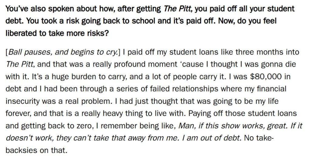 Patrick Ball on how he thought he was going to be in financial debt forever before landing 'The Pitt': I had been through a series of relationships where my financial insecurity was a real problem. I had just thought that was going to be my life forever and that is a really heavy thing to live with