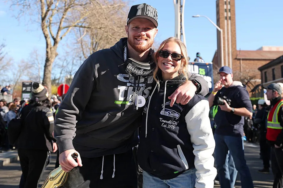 Sam Darnold (left) and Katie Hoofnagle (right) in February 2026.Credit: Steph Chambers/Getty