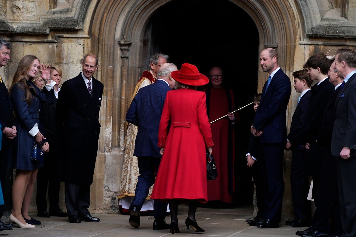 King Charles III and Queen Camilla, flanked by other members of the royal family, arrive to attend the Easter service (Aaron Chown/PA Wire)