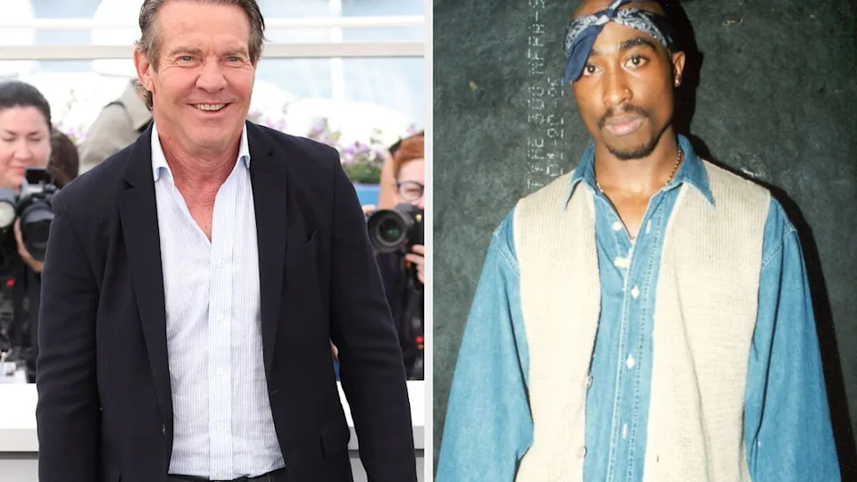 Dennis Quaid smiles in a suit; Tupac Shakur wears a bandana and denim vest