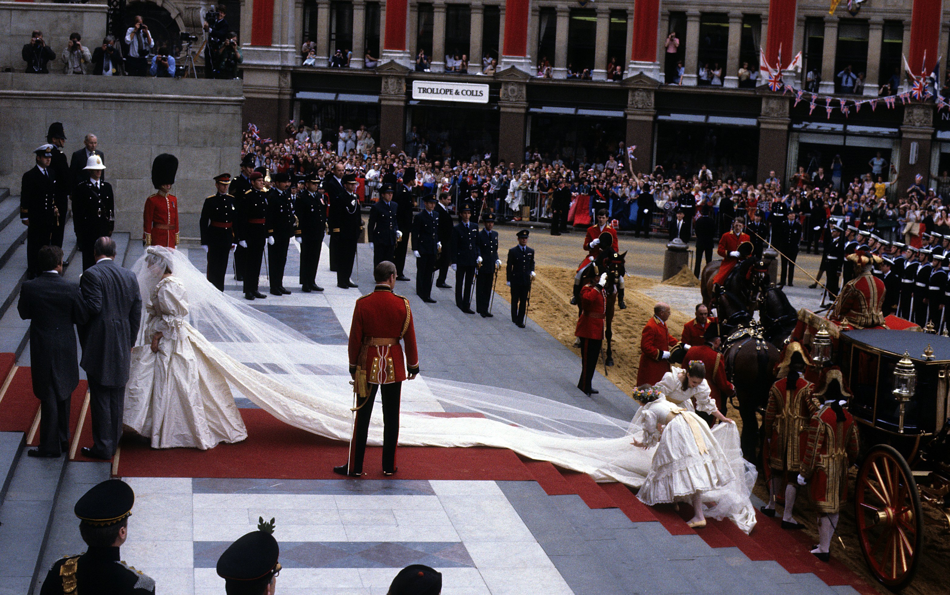 Lady Diana Spencer prepares to enter St. Paul's Cathedral on the hand of her father, Earl Spencer, with her bridesmaids Lady Sarah Armstrong-Jones and India Hicks,(Photo by Anwar Hussein/Getty Images)