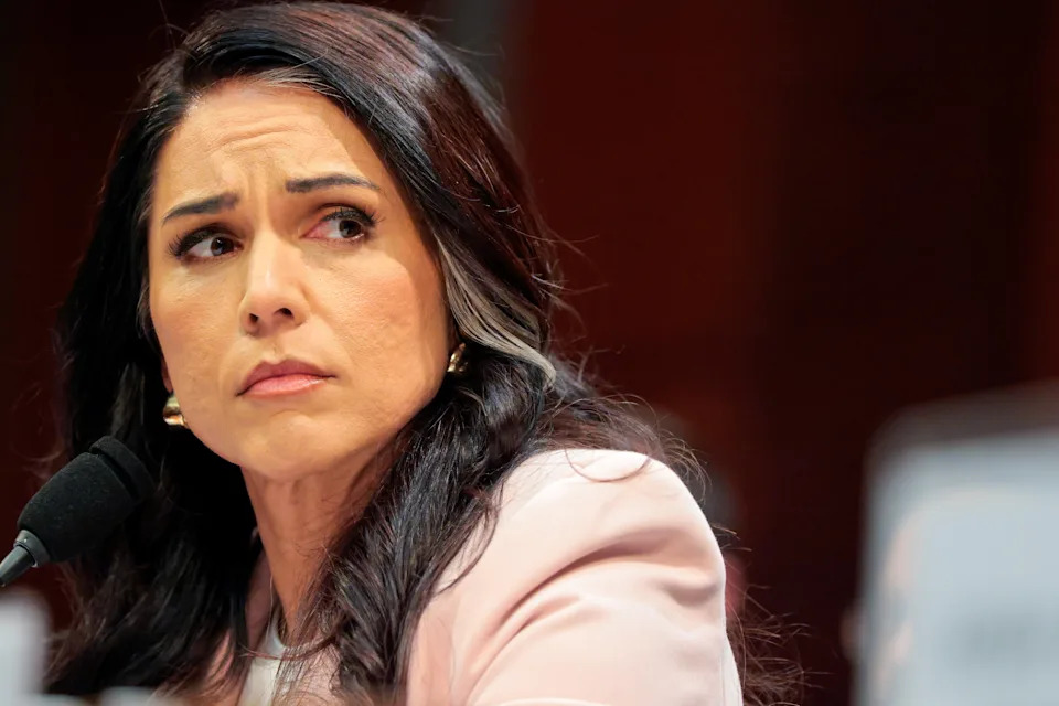 Tulsi Gabbard in a business suit speaks at a microphone, appearing focused and attentive