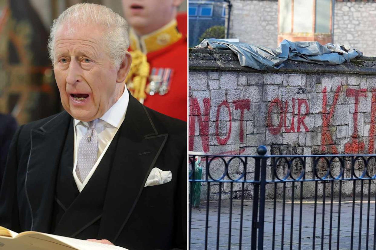 King Charles sings during the Royal Maundy Service at St Asaph Cathedral on April 2, 2026; Spray painted graffiti on the wall outside St Asaph Cathedral in Wales on April 2, 2026Credit: Chris Jackson/Getty; Alamy