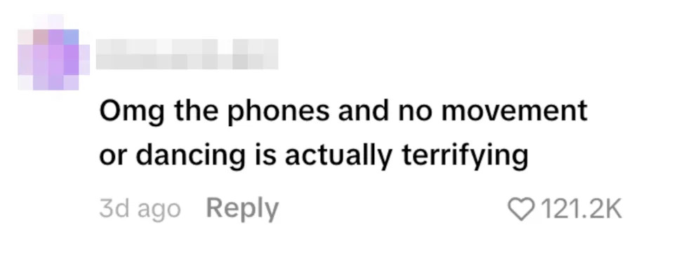 Comment on TikTok expressing fear about lack of movement or dancing due to phone usage, with 121.2K likes