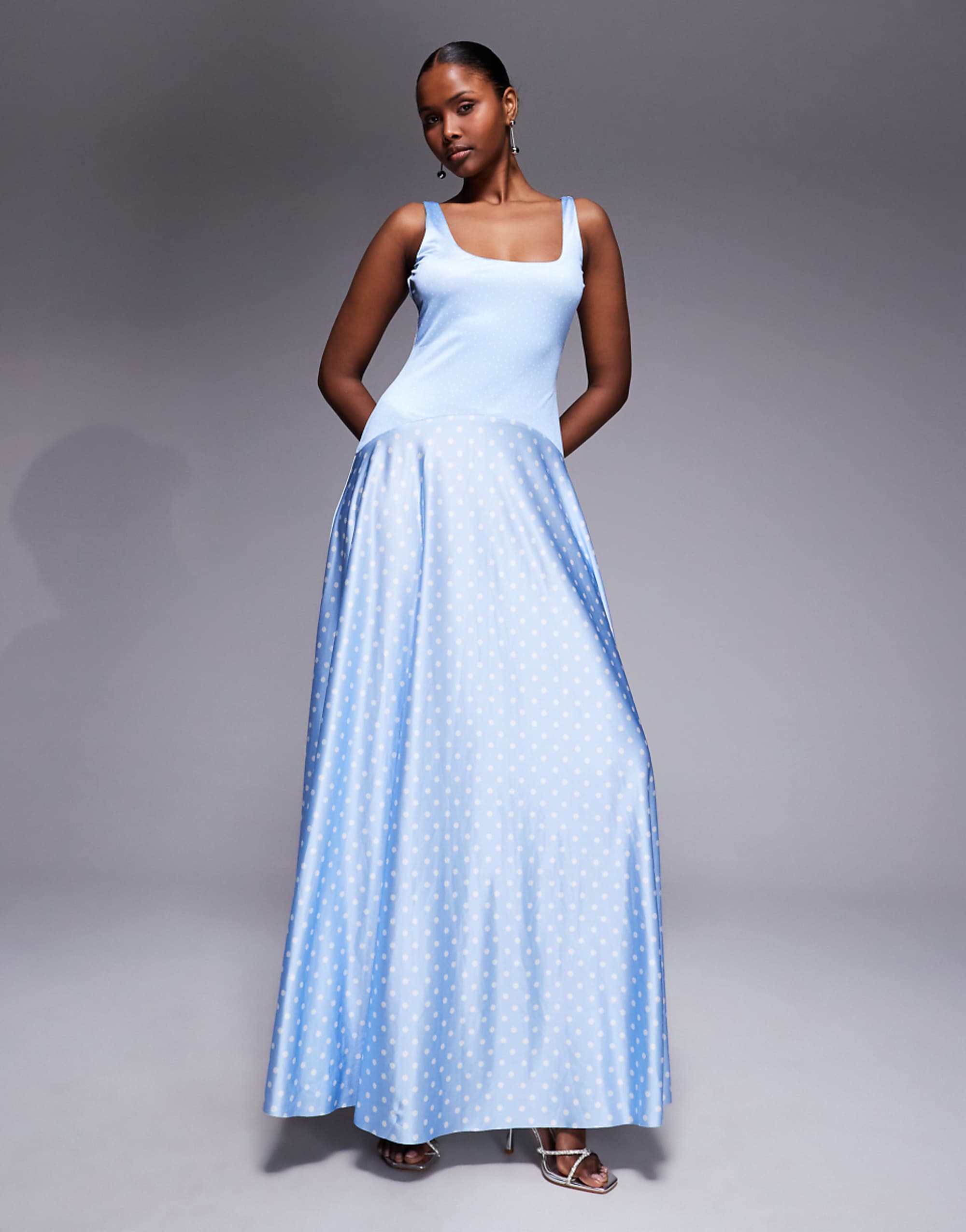 Rare London High Shine Scoop Neck Dropped Contrast Waist Maxi Dress in Soft Blue Polka Dots