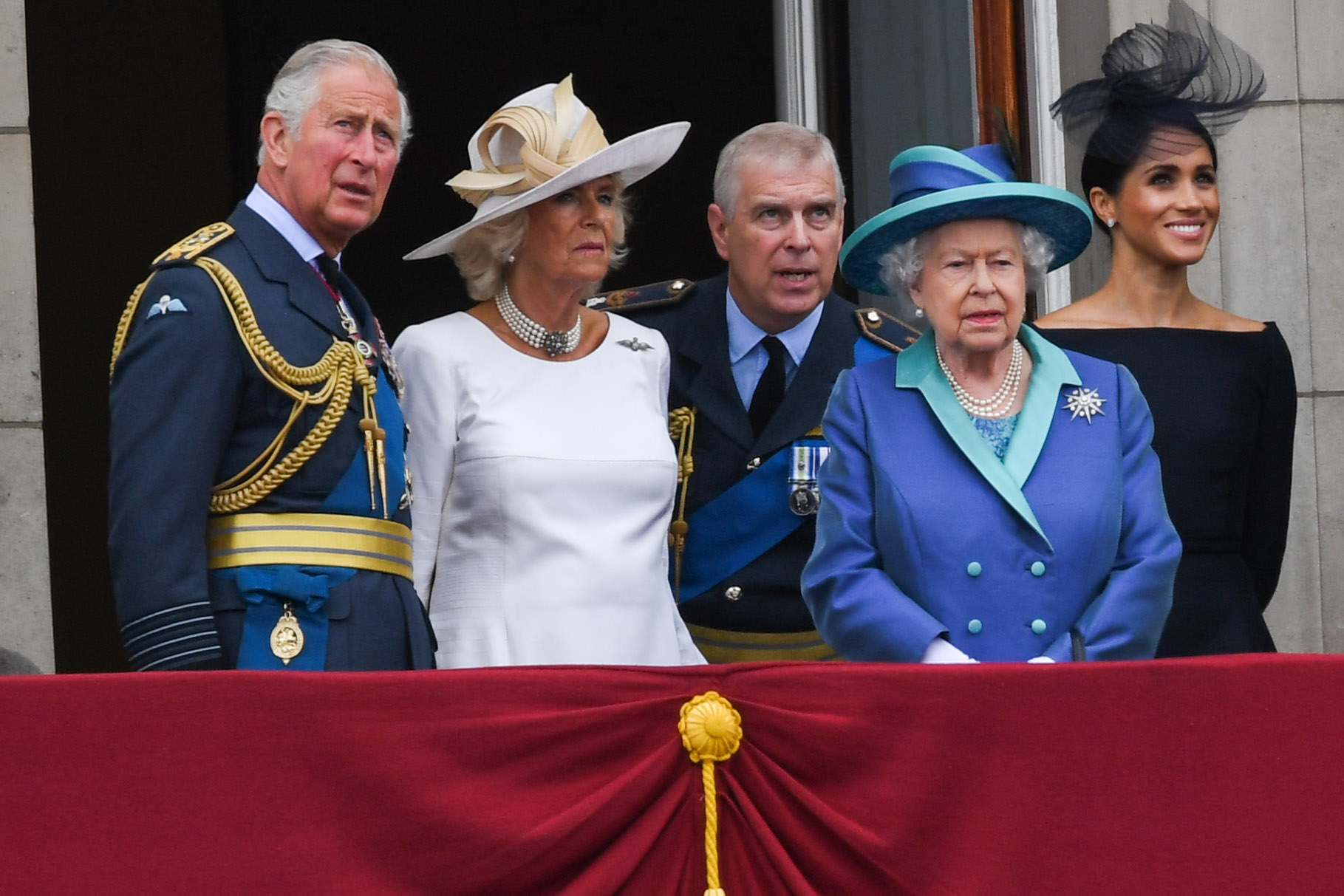 King Charles, Queen Camilla, Andrew Mountbatten-Windsor, Queen Elizabeth and Meghan Markle on the balcony of Buckingham Palace