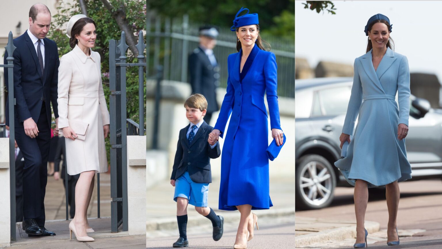 Princess Kate wearing an ivory, coat, cobalt blue coat and baby blue coat on Easter