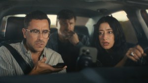 BIG MISTAKES is a Netflix series starring Dan Levy as Nicky and Taylor Ortega as Morgan, shown here in the car on the phone
