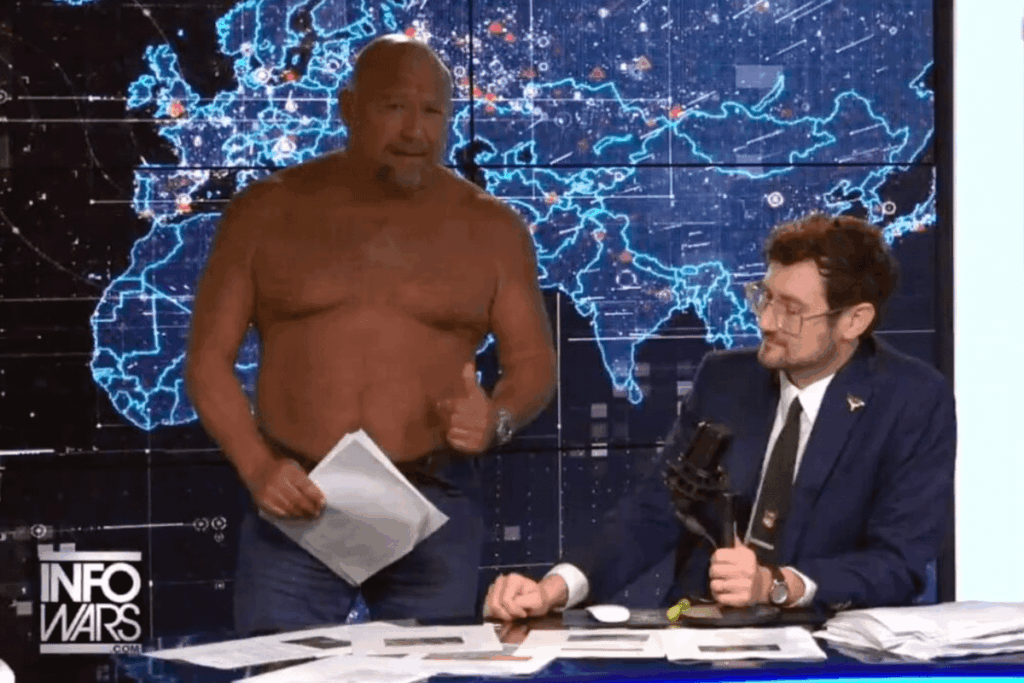 Alex Jones is so mad about InfoWars becoming a satire site he loses his shirt and exclaims ‘they’re bodysnatchers’