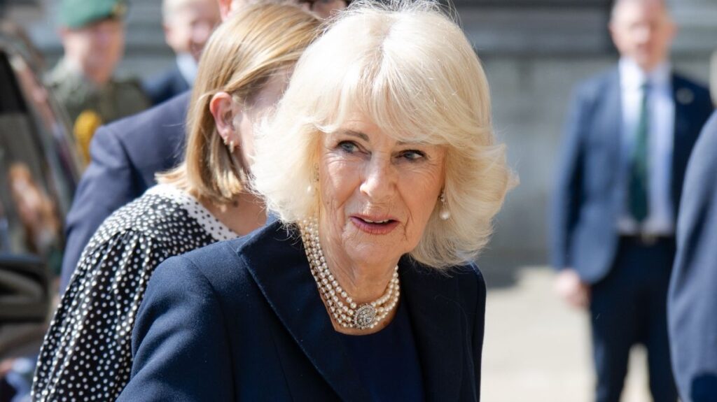 Queen Camilla looks around as she arrives at the British Museum on the 100th anniversary of the birth of Queen Elizabeth II on April 21, 2026