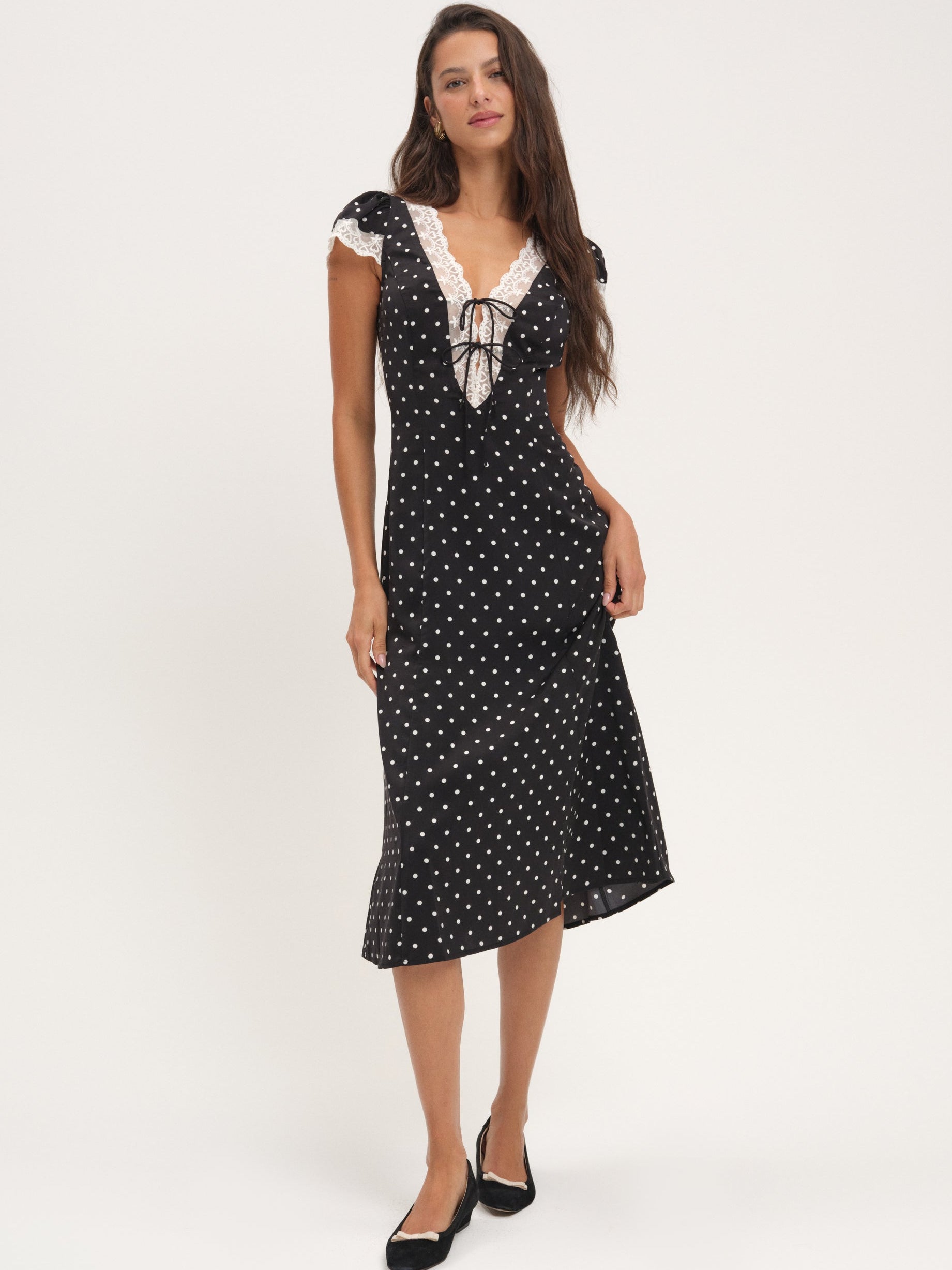 Cross Your Heart Midi Dress &mdash; Black Dot