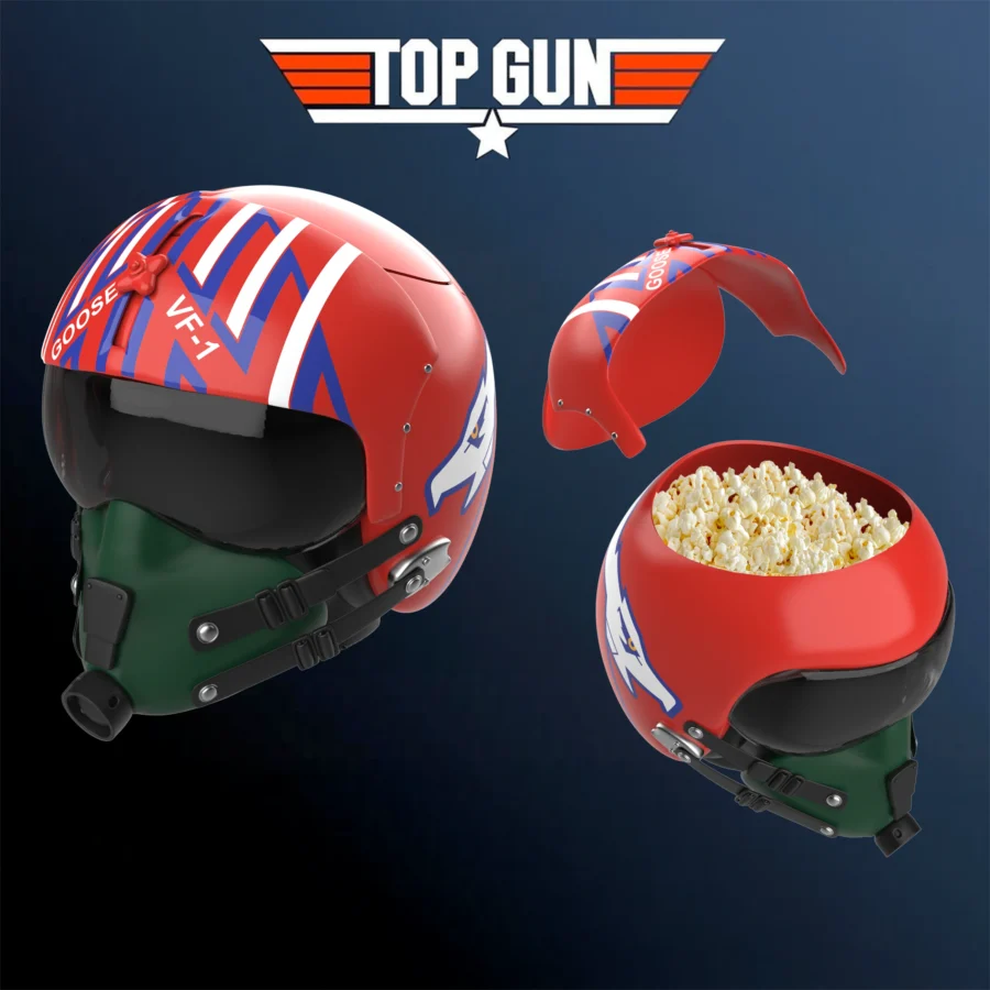 Top Gun logo centered above two red and blue pilot helmets on a dark blue gradient background