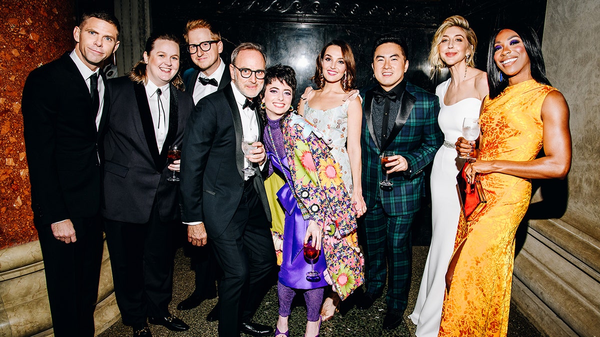 SNL cast members Mikey Day, Molly Kearney, James Austin Johnson, Tom Broecker, Sarah Sherman, Chloe Fineman, Bowen Yang, Heidi Gardner and Ego Nwodim posing at the American Museum of Natural History gala